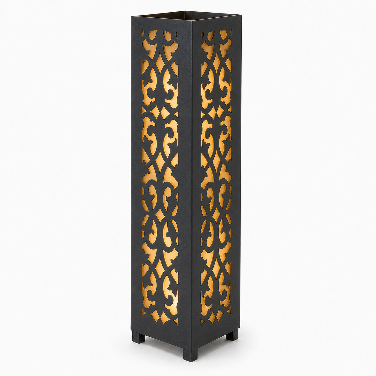 Design 006 black laser cut metal garden light tower with warm LED glow on white background