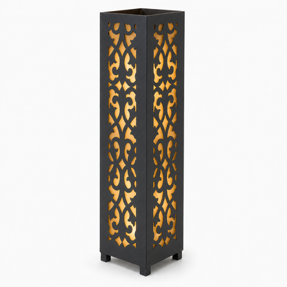 Design 006 black laser cut metal garden light tower with warm LED glow on white background