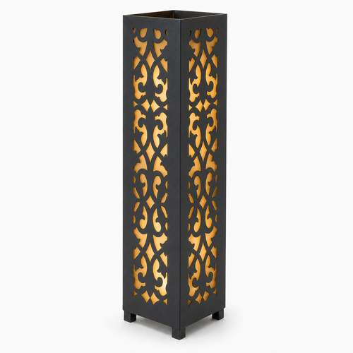 Design 006 black laser cut metal garden light tower with warm LED glow on white background