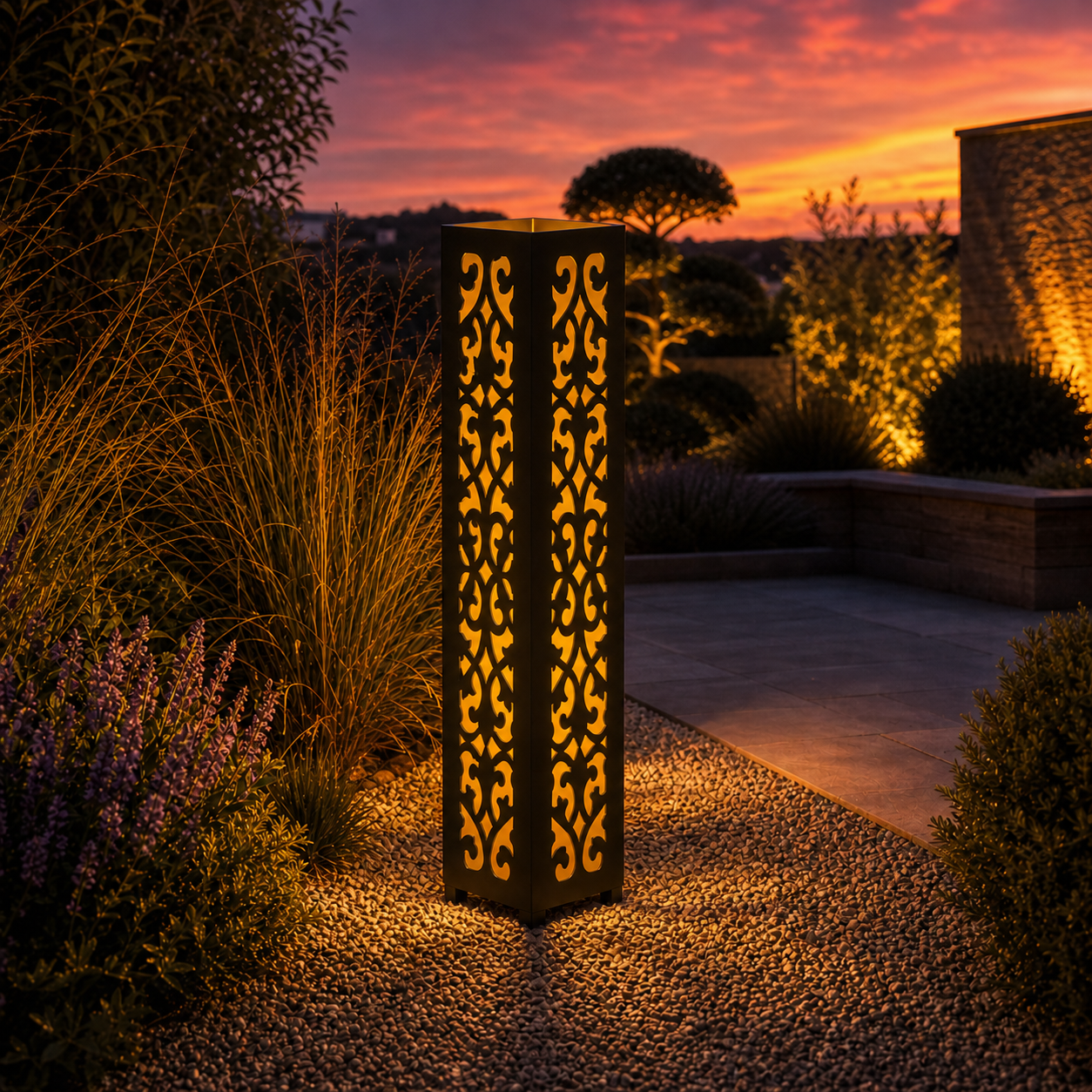 Design 006 outdoor decorative LED light column glowing at dusk in garden setting