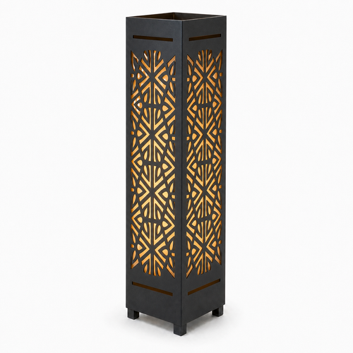 Design 007 black laser cut metal garden light tower with warm LED glow on white background