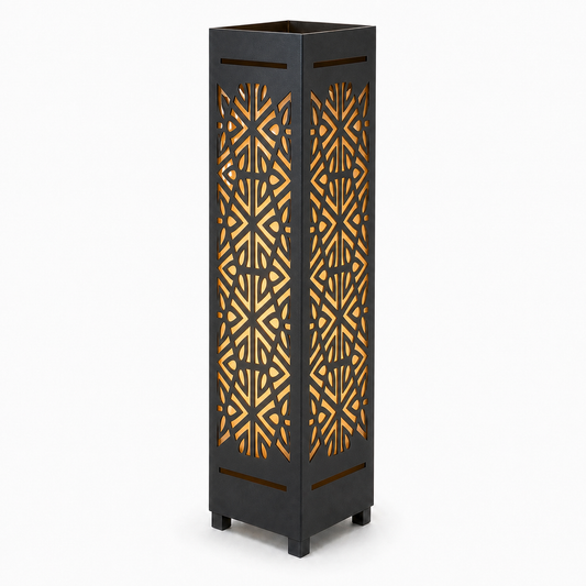 Design 007 black laser cut metal garden light tower with warm LED glow on white background