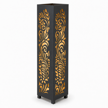 Design 008 black laser cut metal garden light tower with warm LED glow on white background