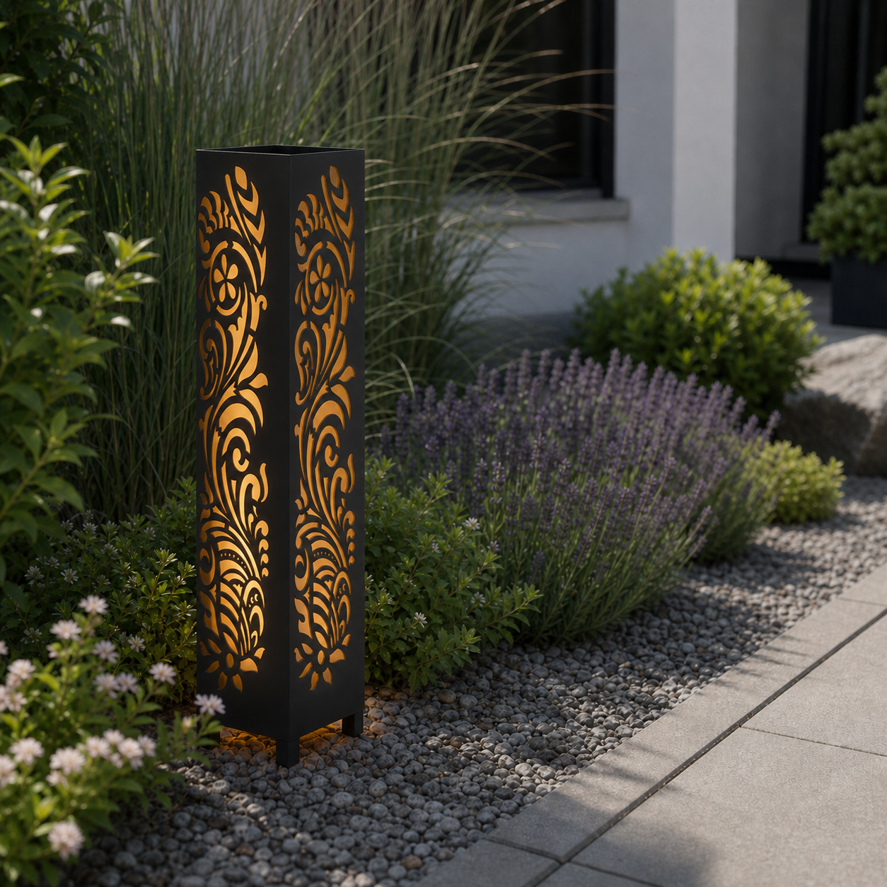Design 008 laser cut garden light pillar installed in landscaped patio during daytime