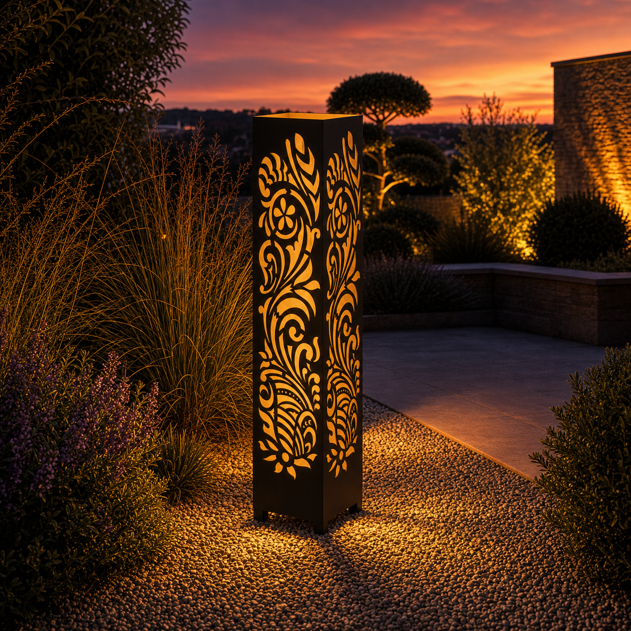 Design 008 outdoor decorative LED light column glowing at dusk in garden setting
