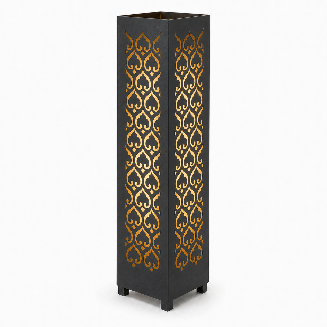 Design 009 black laser cut metal garden light tower with warm LED glow on white background