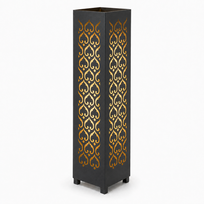 Design 009 black laser cut metal garden light tower with warm LED glow on white background