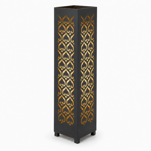 Design 009 black laser cut metal garden light tower with warm LED glow on white background