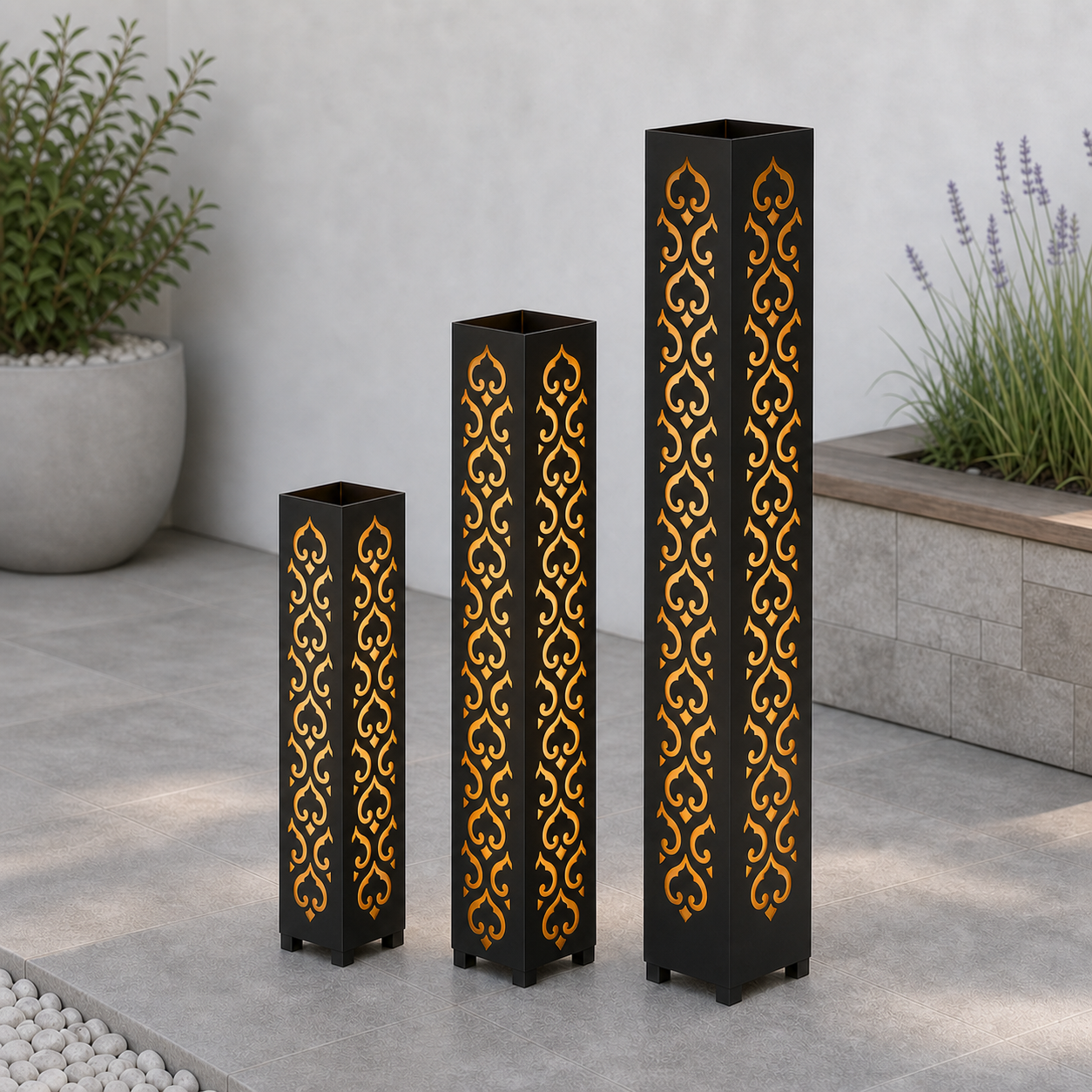 Design 009 laser cut garden light tower three size comparison
