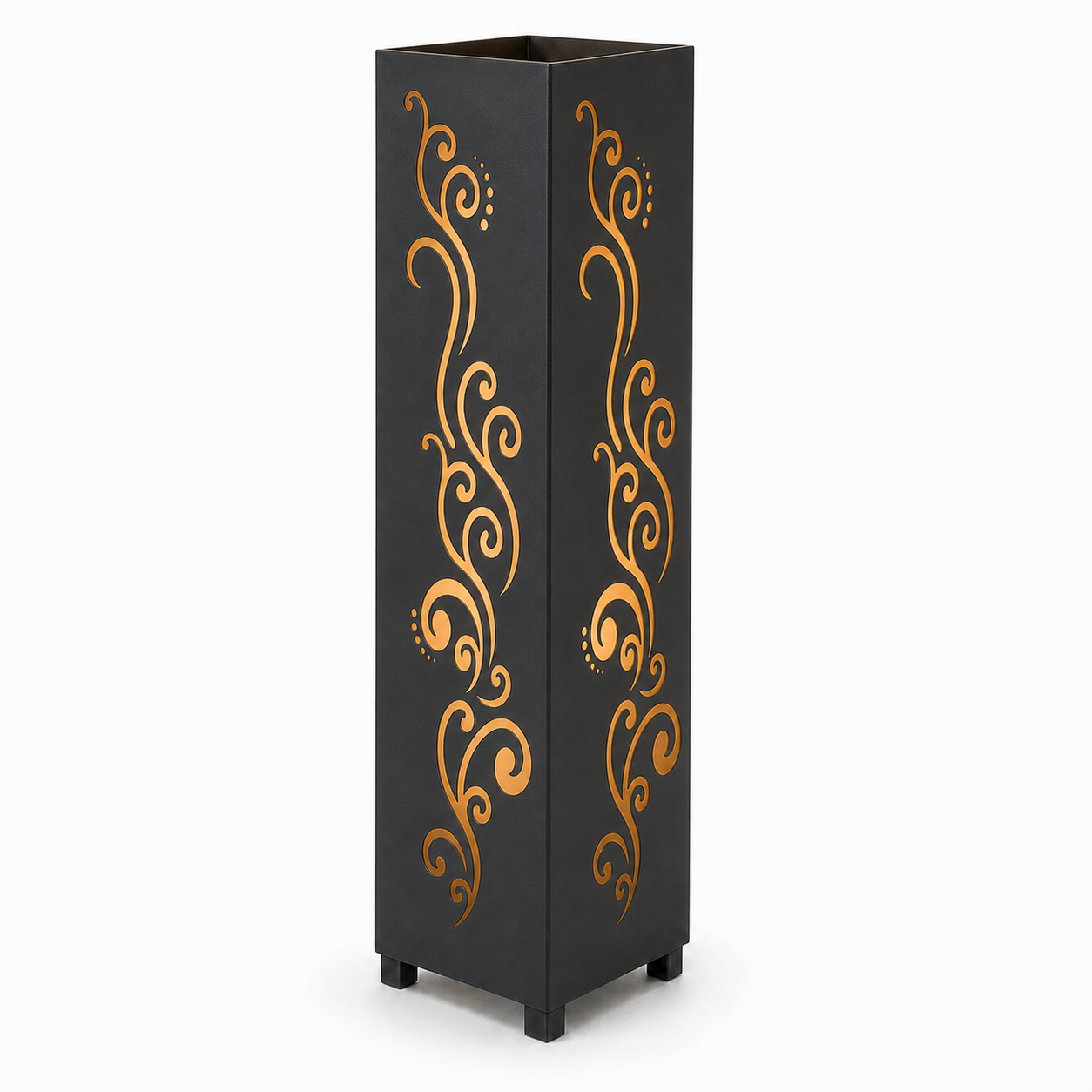 Design 010 black laser cut metal garden light tower with warm LED glow on white background