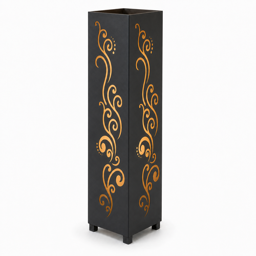 Design 010 black laser cut metal garden light tower with warm LED glow on white background