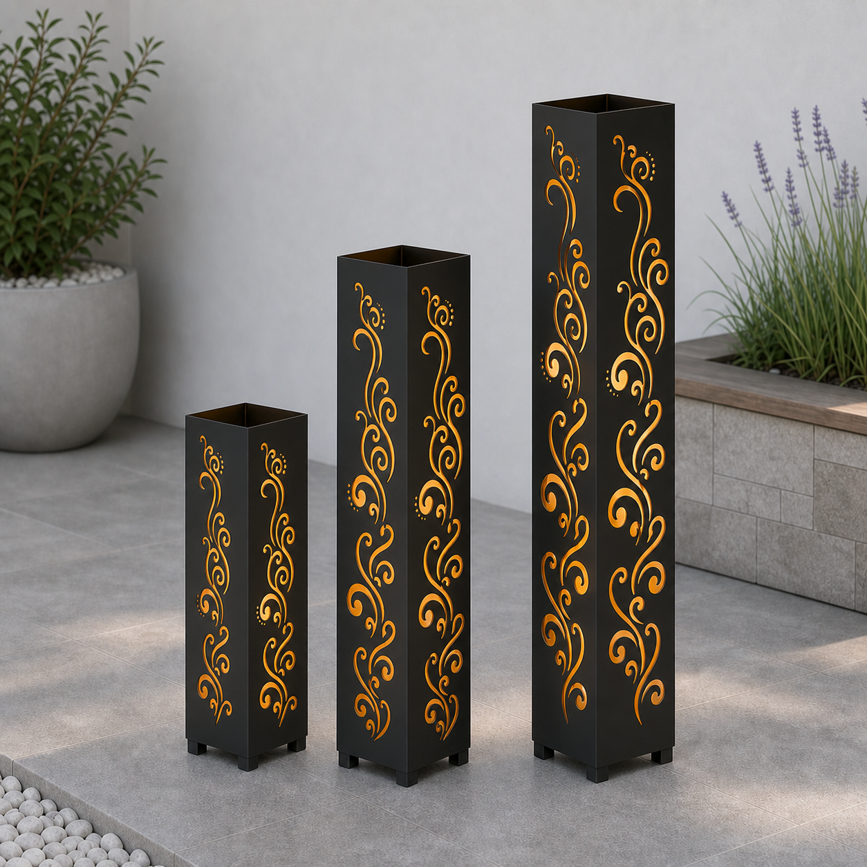 Design 010 laser cut garden light tower three size comparison