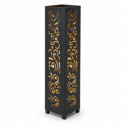 Design 011 black laser cut metal garden light tower with warm LED glow on white background