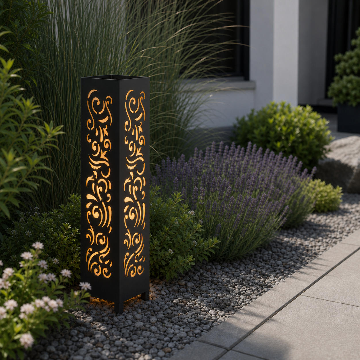 Design 011 laser cut garden light pillar installed in landscaped patio during daytime