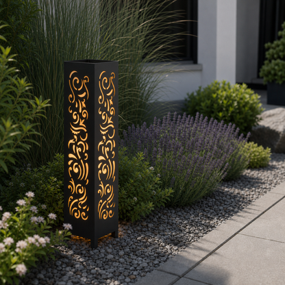 Design 011 laser cut garden light pillar installed in landscaped patio during daytime