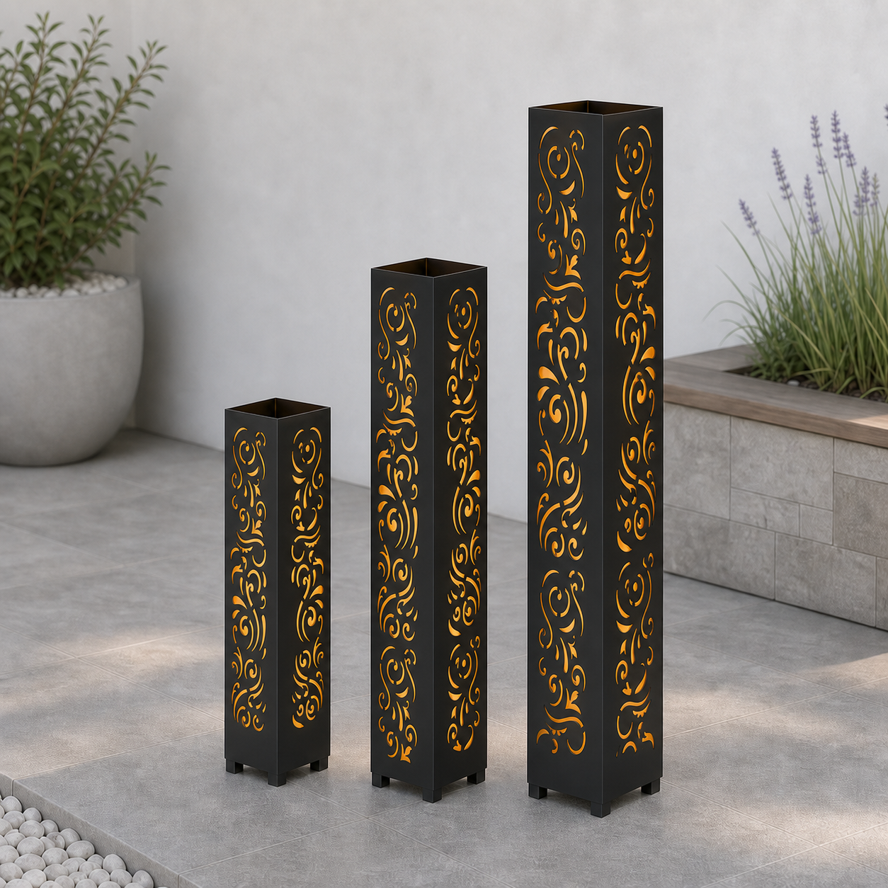 Design 011 laser cut garden light tower three size comparison