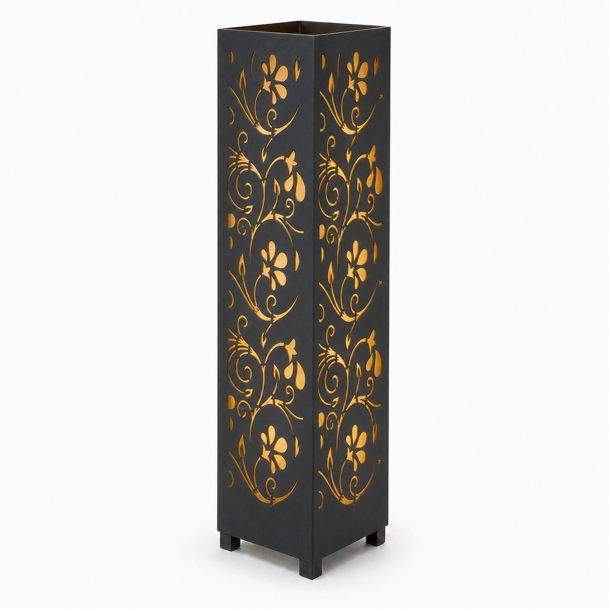 Design 012 black laser cut metal garden light tower with warm LED glow on white background