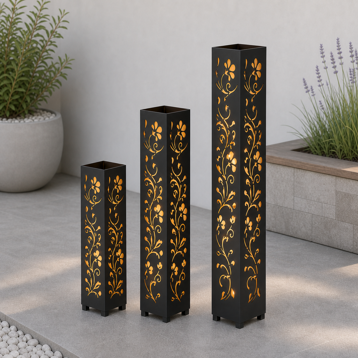Design 012 laser cut garden light tower three size comparison