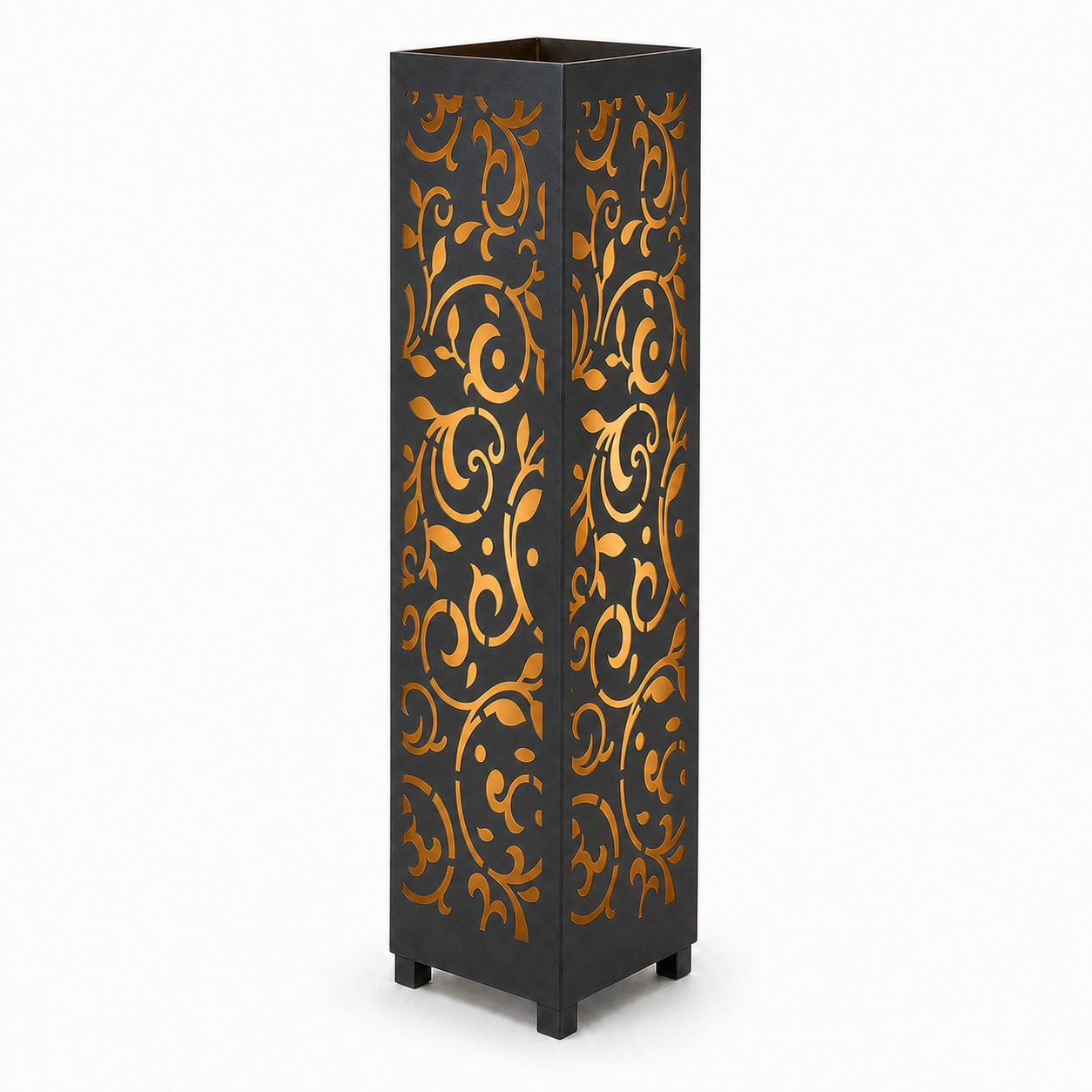 Design 013 black laser cut metal garden light tower with warm LED glow on white background