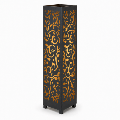 Design 013 black laser cut metal garden light tower with warm LED glow on white background