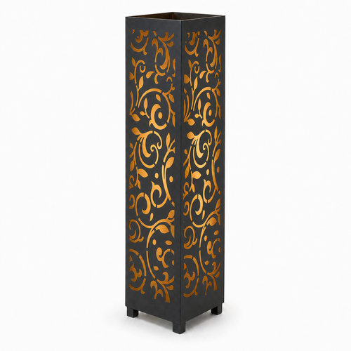 Design 013 black laser cut metal garden light tower with warm LED glow on white background