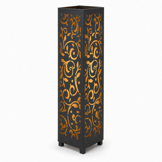 Design 013 black laser cut metal garden light tower with warm LED glow on white background