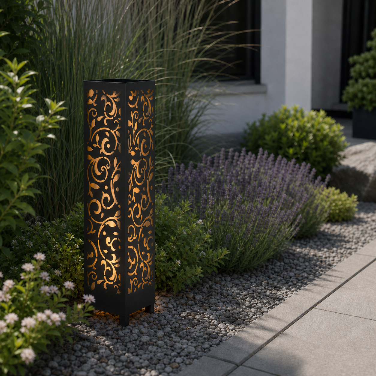 Design 013 laser cut garden light pillar installed in landscaped patio during daytime
