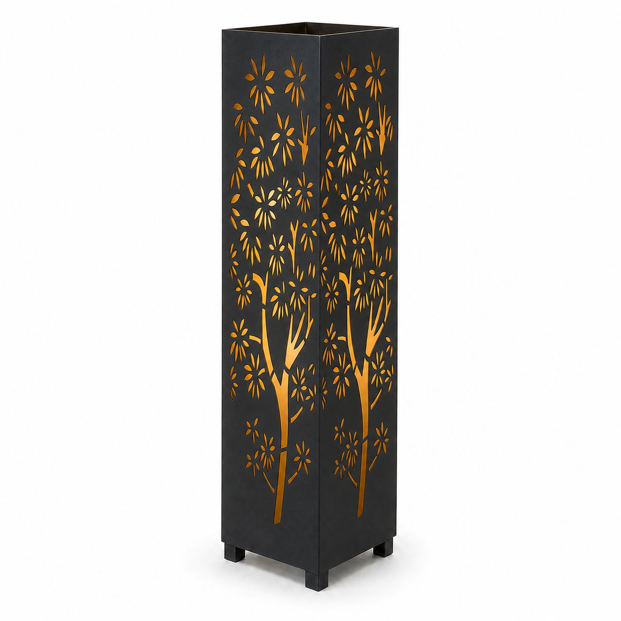 Design 014 black laser cut metal garden light tower with warm LED glow on white background