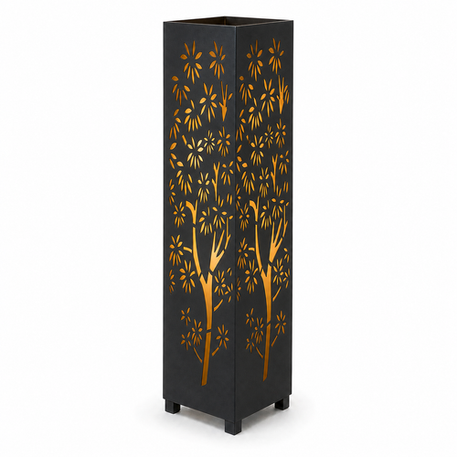 Design 014 black laser cut metal garden light tower with warm LED glow on white background
