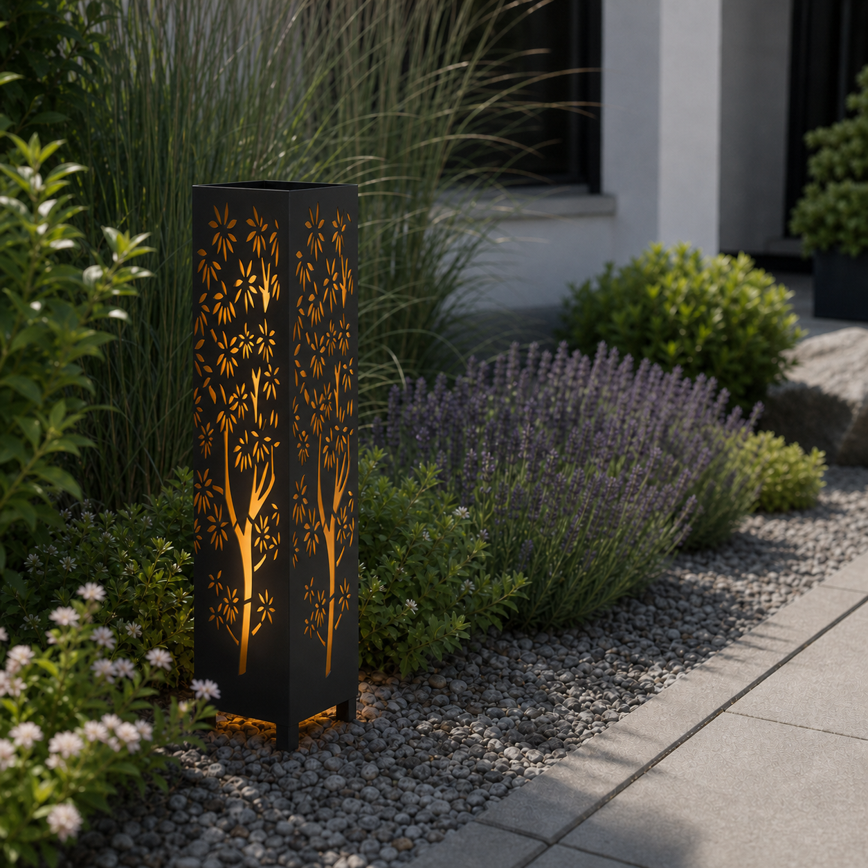 Design 014 laser cut garden light pillar installed in landscaped patio during daytime