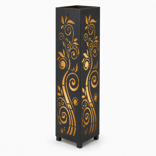 Design 015 black laser cut metal garden light tower with warm LED glow on white background
