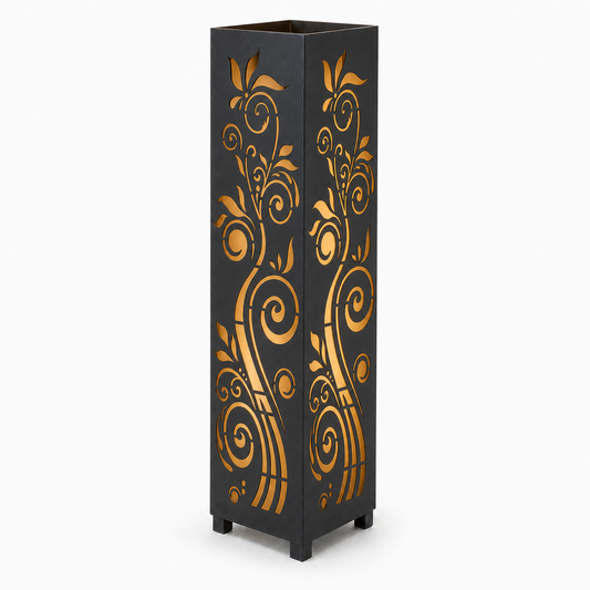 Design 015 black laser cut metal garden light tower with warm LED glow on white background