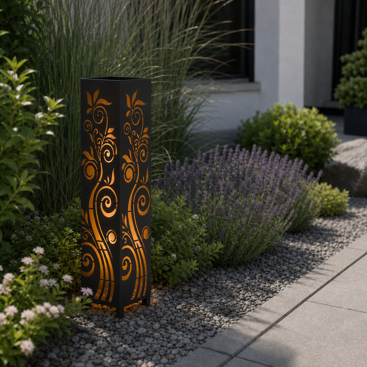 Design 015 laser cut garden light pillar installed in landscaped patio during daytime