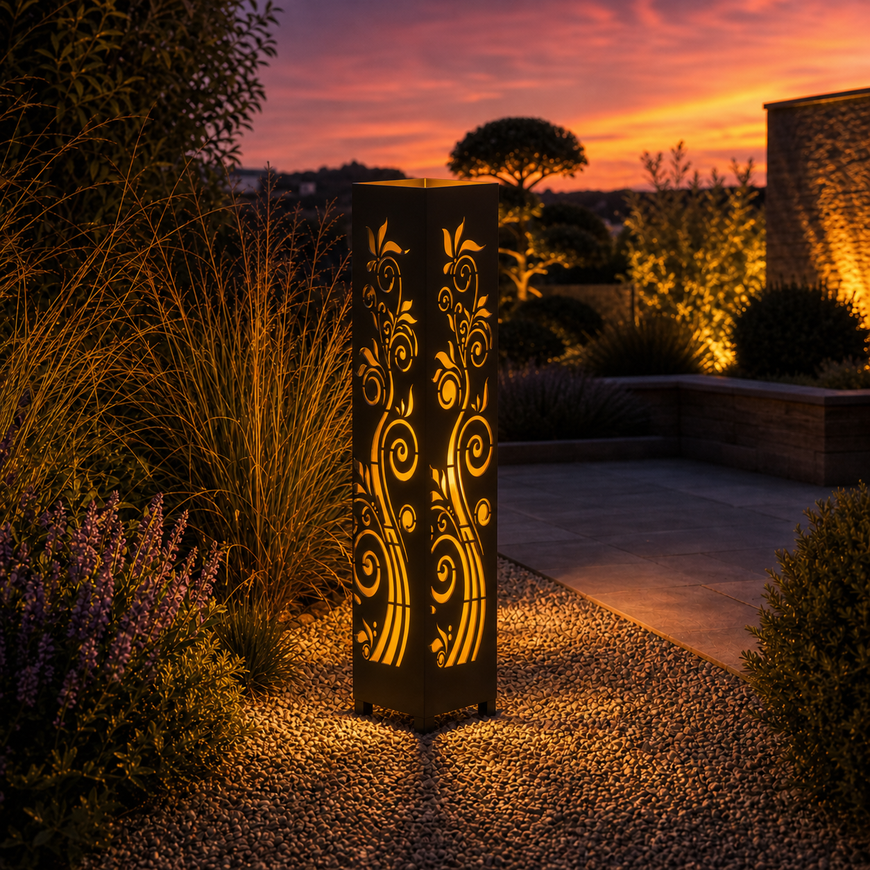Design 015 outdoor decorative LED light column glowing at dusk in garden setting