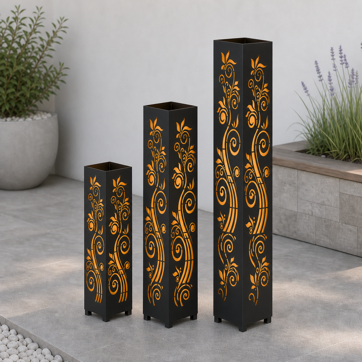 Design 015 laser cut garden light tower three size comparison