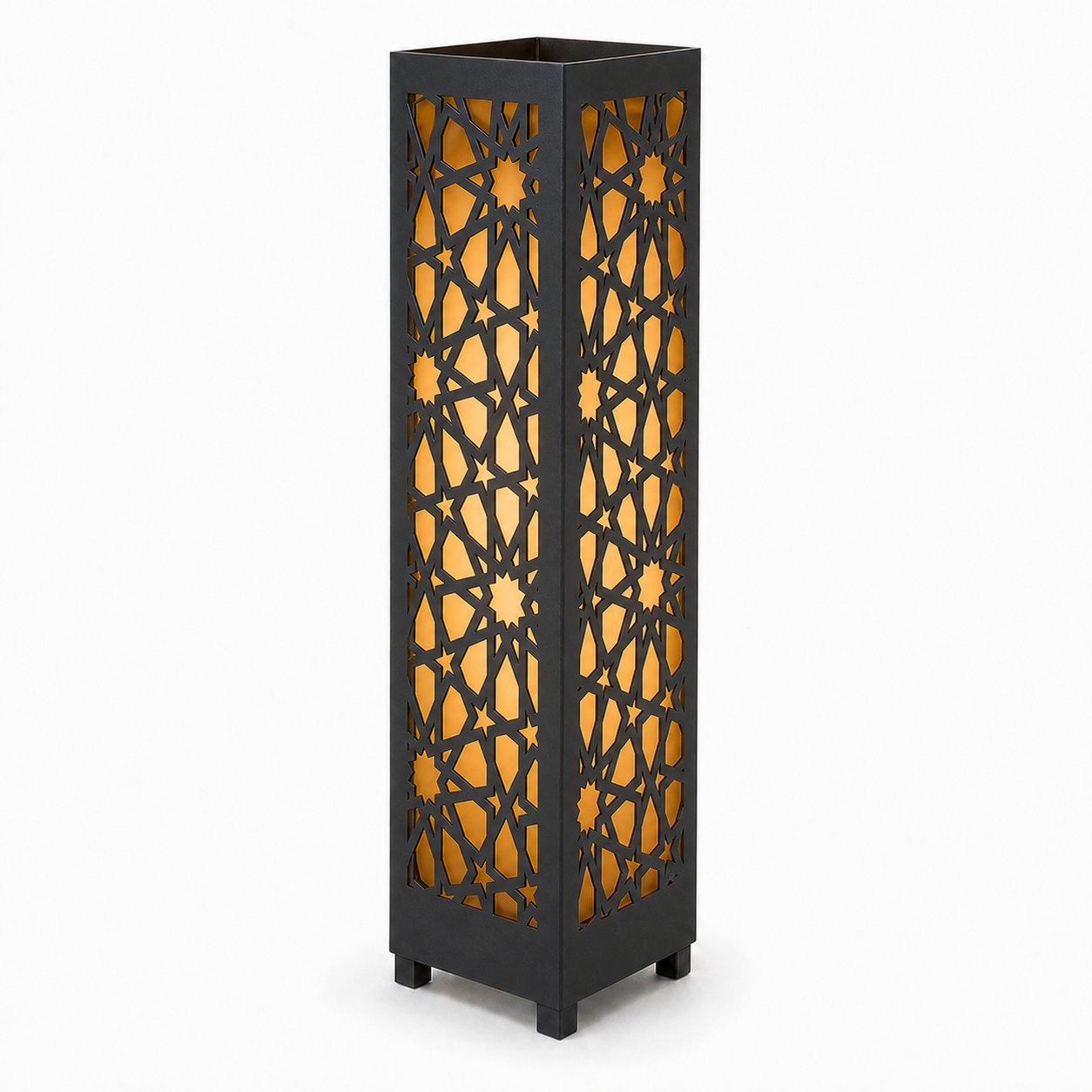 Design 016 black laser cut metal garden light tower with warm LED glow on white background