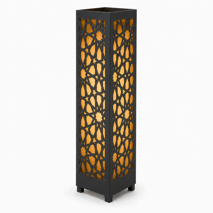 Design 016 black laser cut metal garden light tower with warm LED glow on white background