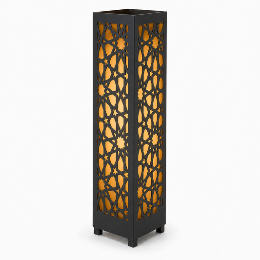 Design 016 black laser cut metal garden light tower with warm LED glow on white background