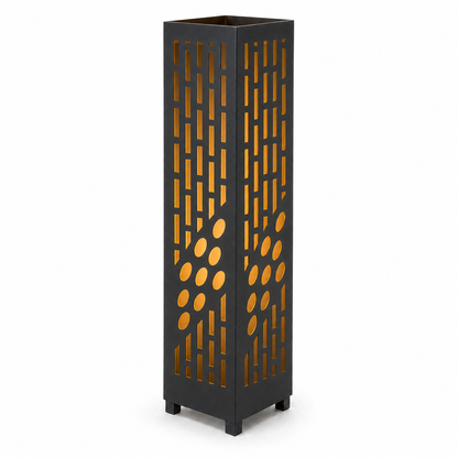 Design 017 black laser cut metal garden light tower with warm LED glow on white background
