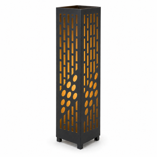 Design 017 black laser cut metal garden light tower with warm LED glow on white background