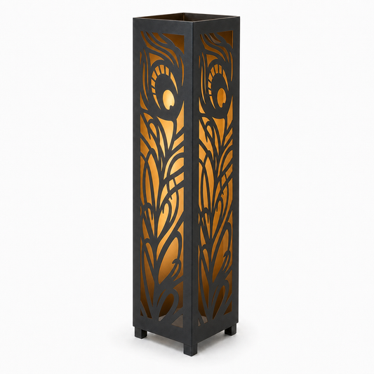 Design 018 black laser cut metal garden light tower with warm LED glow on white background