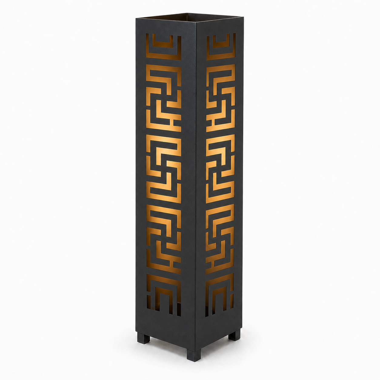 Design 019 black laser cut metal garden light tower with warm LED glow on white background