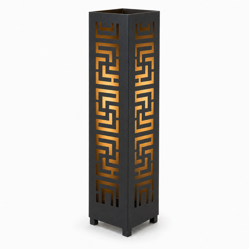 Design 019 black laser cut metal garden light tower with warm LED glow on white background