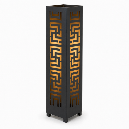 Design 019 black laser cut metal garden light tower with warm LED glow on white background