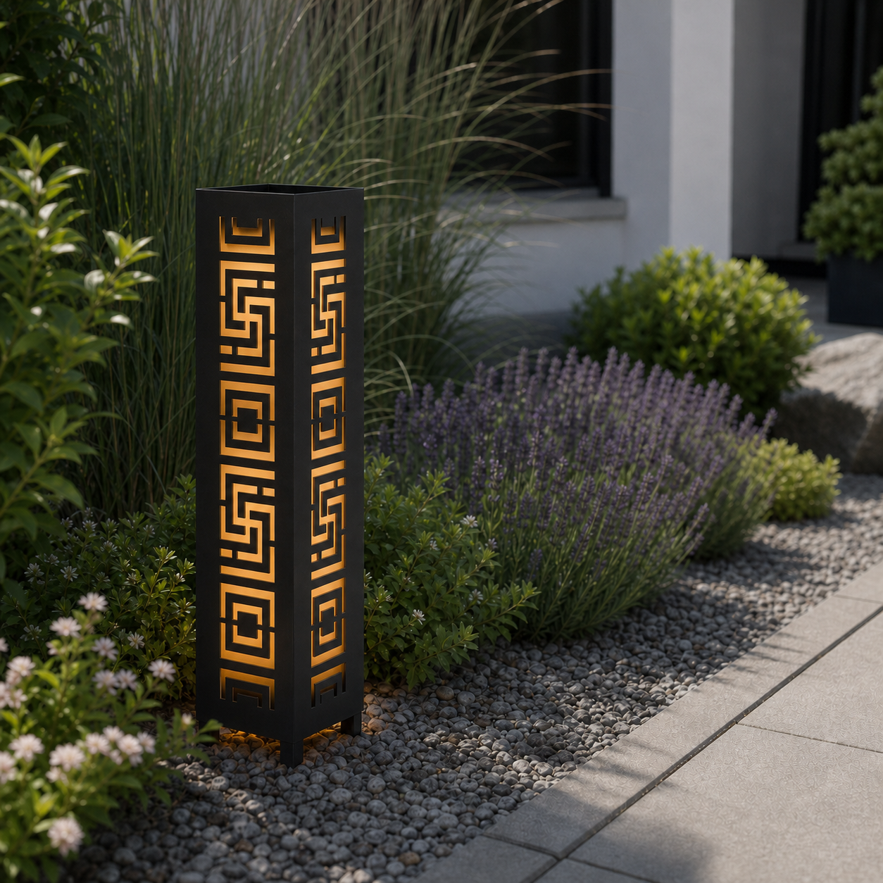 Design 019 laser cut garden light pillar installed in landscaped patio during daytime