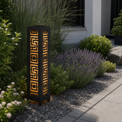 Design 019 laser cut garden light pillar installed in landscaped patio during daytime