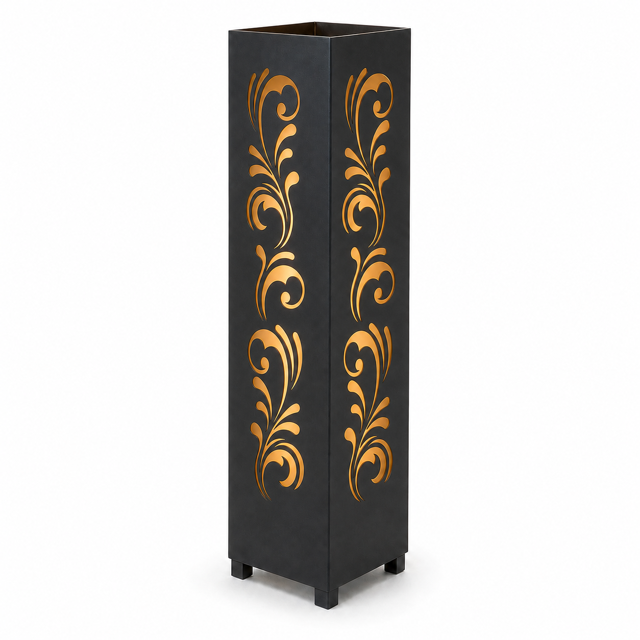 Design 020 black laser cut metal garden light tower with warm LED glow on white background