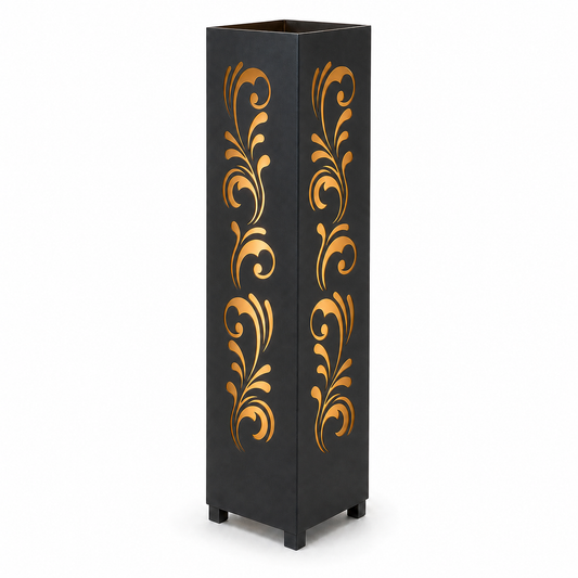 Design 020 black laser cut metal garden light tower with warm LED glow on white background
