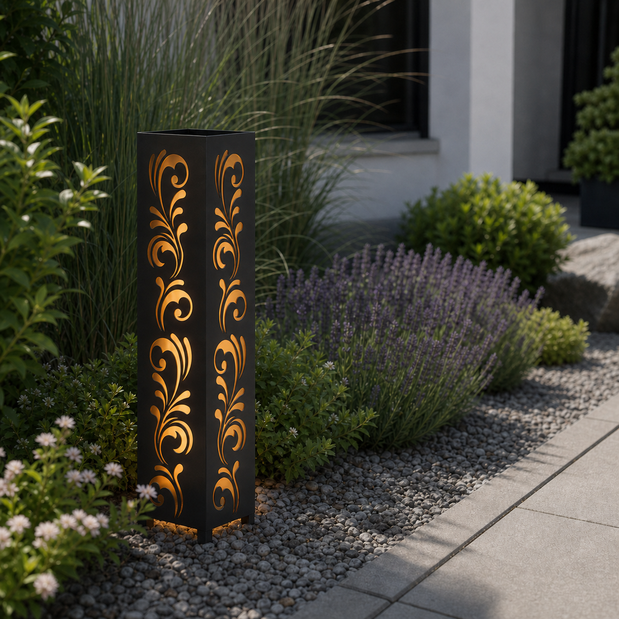 Design 020 laser cut garden light pillar installed in landscaped patio during daytime