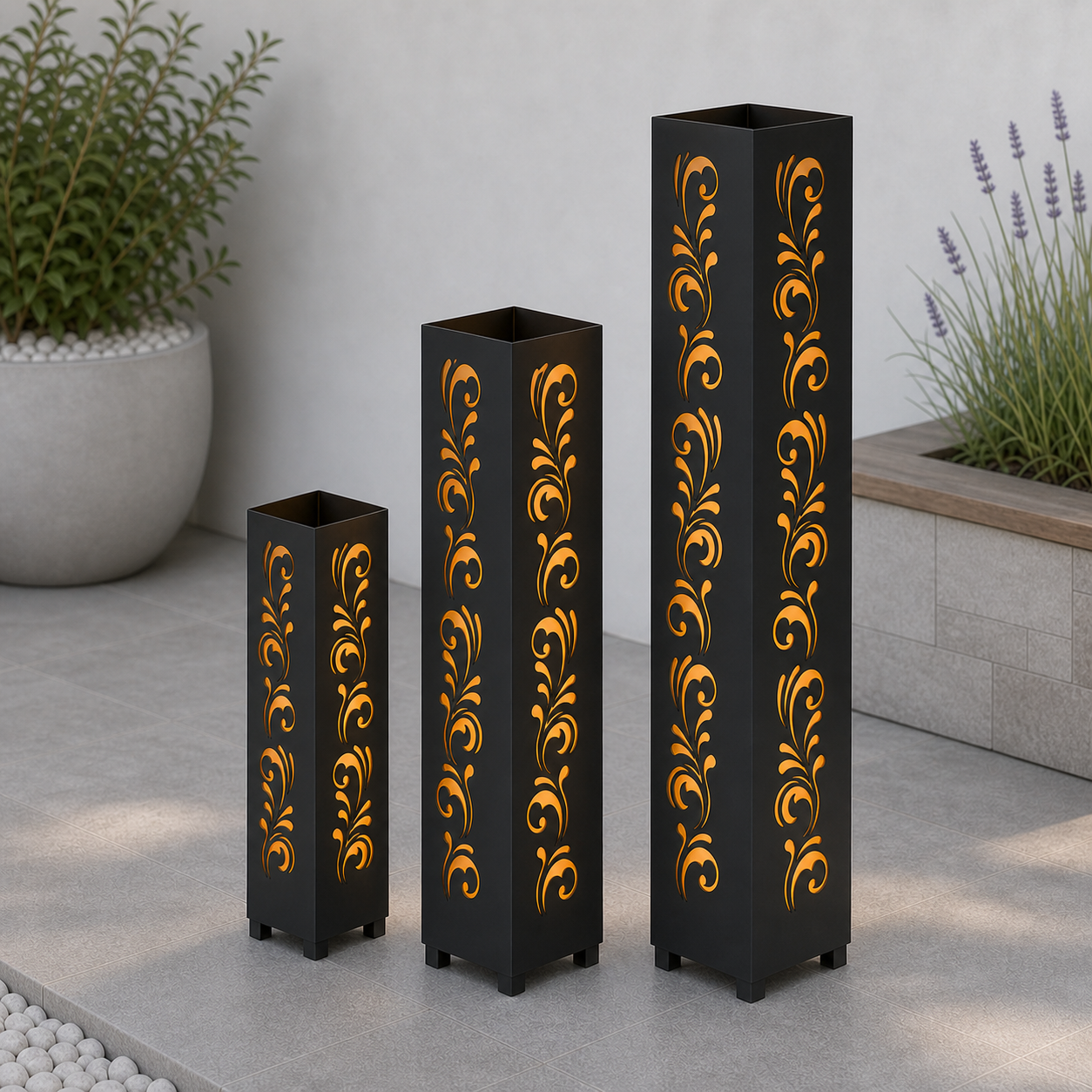 Design 020 laser cut garden light tower three size comparison